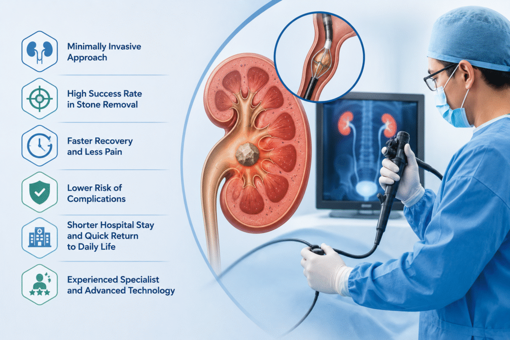 RIRS kidney stone treatment showing a minimally invasive procedure with a flexible scope, kidney stone removal, and benefits including faster recovery, shorter hospital stay, and advanced specialist care.