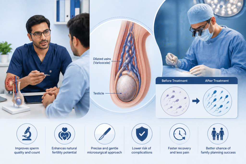 Doctor consulting a patient about varicocele, with an anatomical illustration of enlarged testicular veins, microsurgical treatment, and fertility-related benefits.