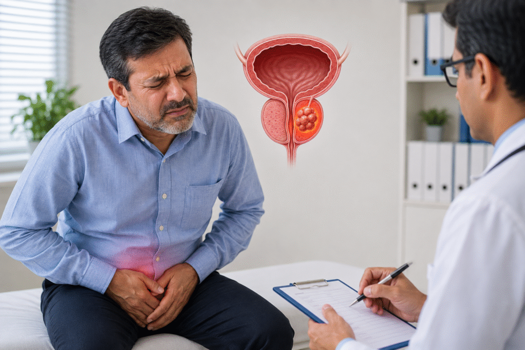 Middle aged man consulting a doctor about prostate cancer symptoms