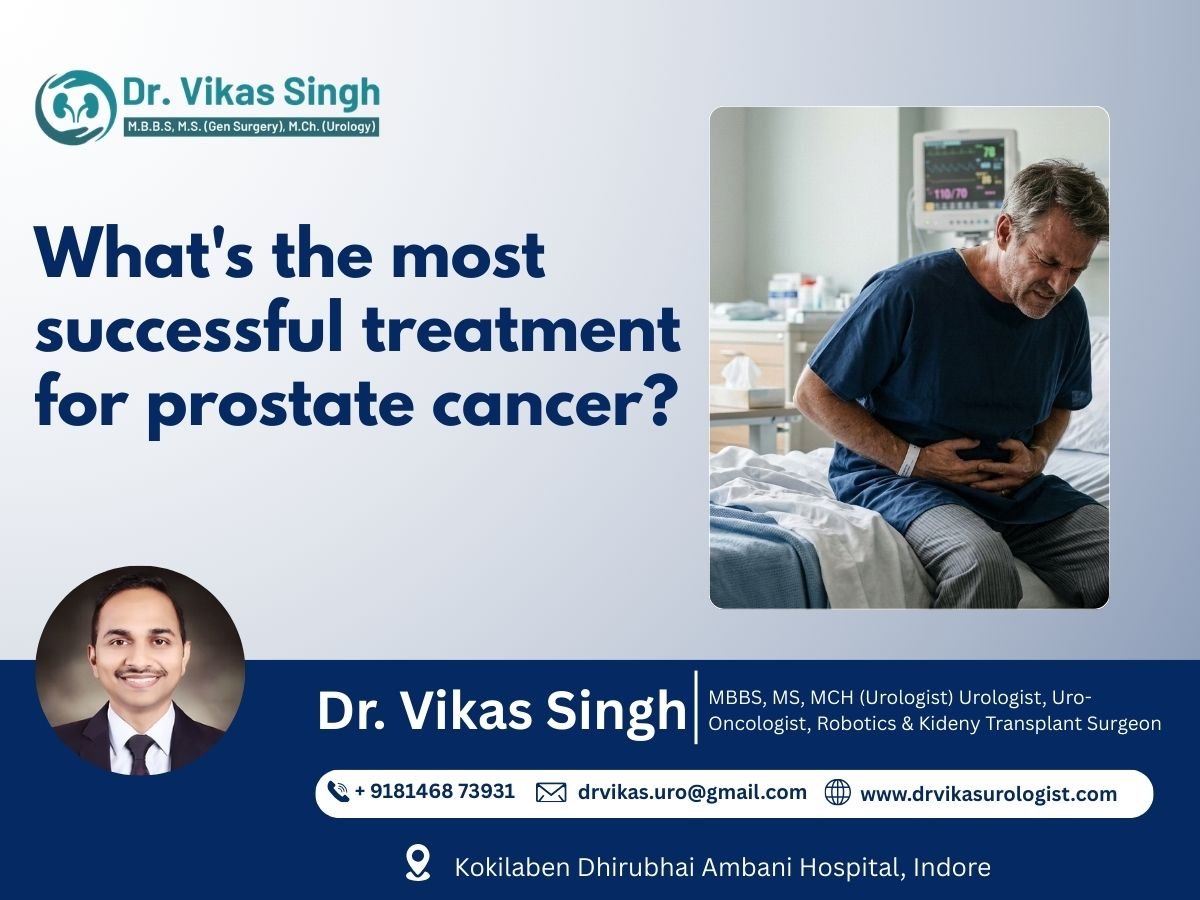 A middle-aged man in a hospital gown sits on the edge of a medical bed, grimacing and clutching his lower abdomen in pain within a bright, clinical setting.