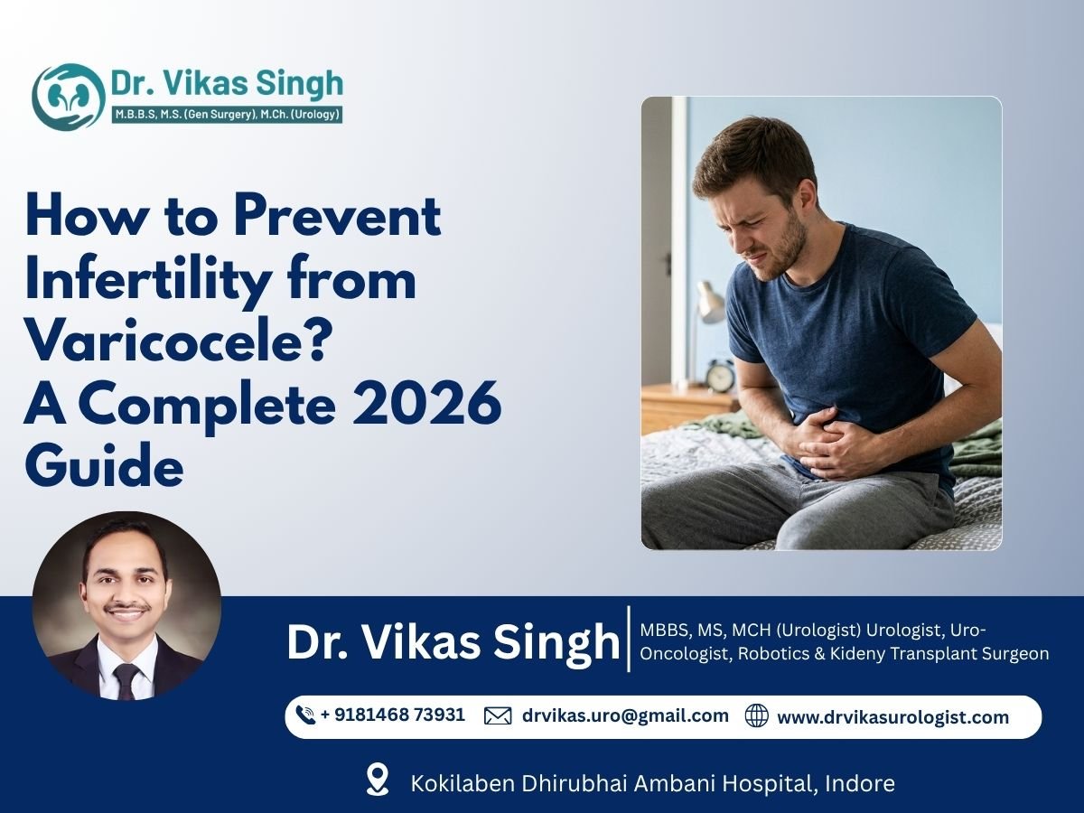 Informational banner for Dr. Vikas Singh featuring a man in discomfort holding his abdomen, alongside the title 'How to Prevent Infertility from Varicocele: A Complete 2026 Guide' and the doctor's professional credentials.