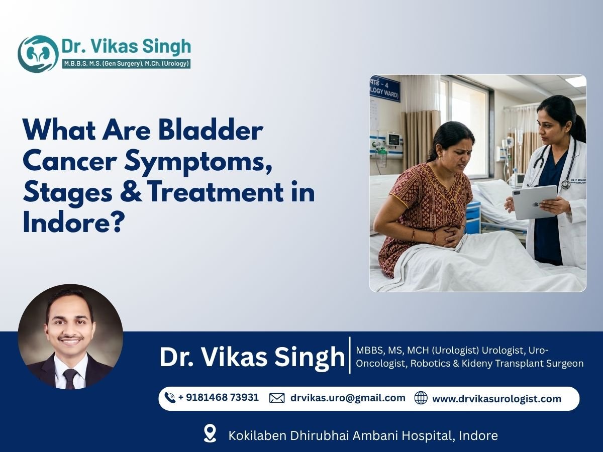 A realistic clinical scene in a modern hospital in Indore, India. An Indian woman in a patterned maroon tunic sits on a hospital bed, her face contorted in a wince of pain as she presses her hands against her lower abdomen/bladder area. Standing beside her is a female doctor in a white lab coat and stethoscope, looking empathetically at the patient while holding a tablet displaying medical data. The background shows a clean, professional 'Urology Ward' with medical equipment and Hindi signage.