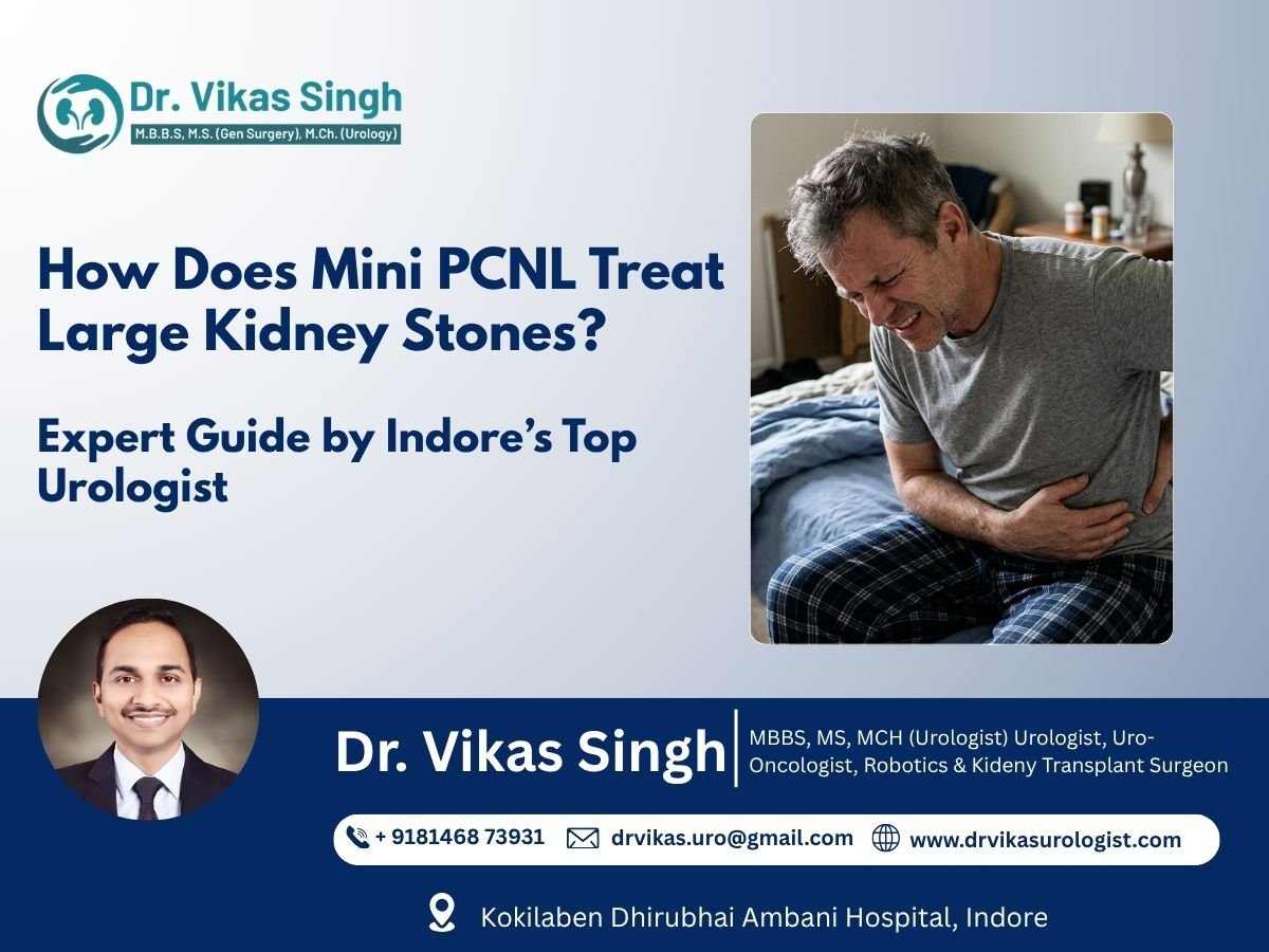 Informational graphic titled "How Does Mini PCNL Treat Large Kidney Stones?" featuring Dr. Vikas Singh, a Urologist in Indore, alongside a man experiencing kidney pain.