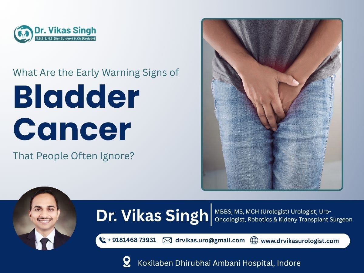 Illustration showing early warning signs of bladder cancer such as blood in urine, frequent urination, and pelvic discomfort.