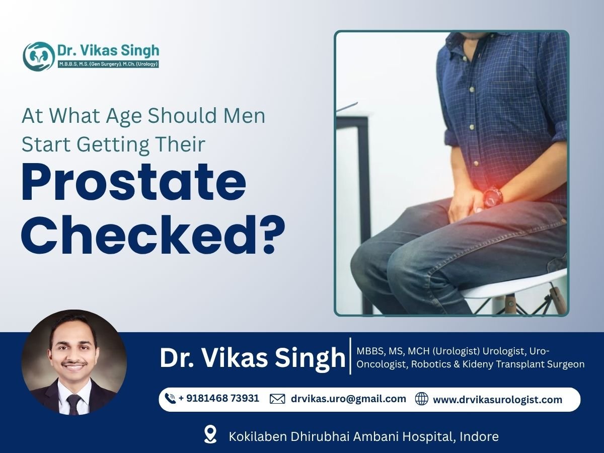 Visual representing prostate health checkup in men, highlighting screening age and early detection of prostate-related conditions.