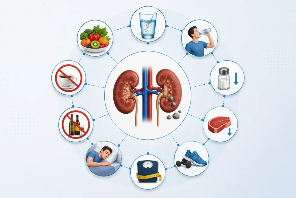 Medical illustration showing kidneys and lifestyle habits that may help lower the risk of developing kidney stones, including hydration, healthy diet, exercise, adequate sleep, and limiting salt, alcohol, caffeine, and meat.