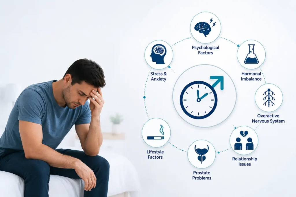 Medical infographic illustrating common causes of premature ejaculation, including psychological factors, stress and anxiety, hormonal imbalance, nervous system factors, relationship issues, prostate problems, and lifestyle factors