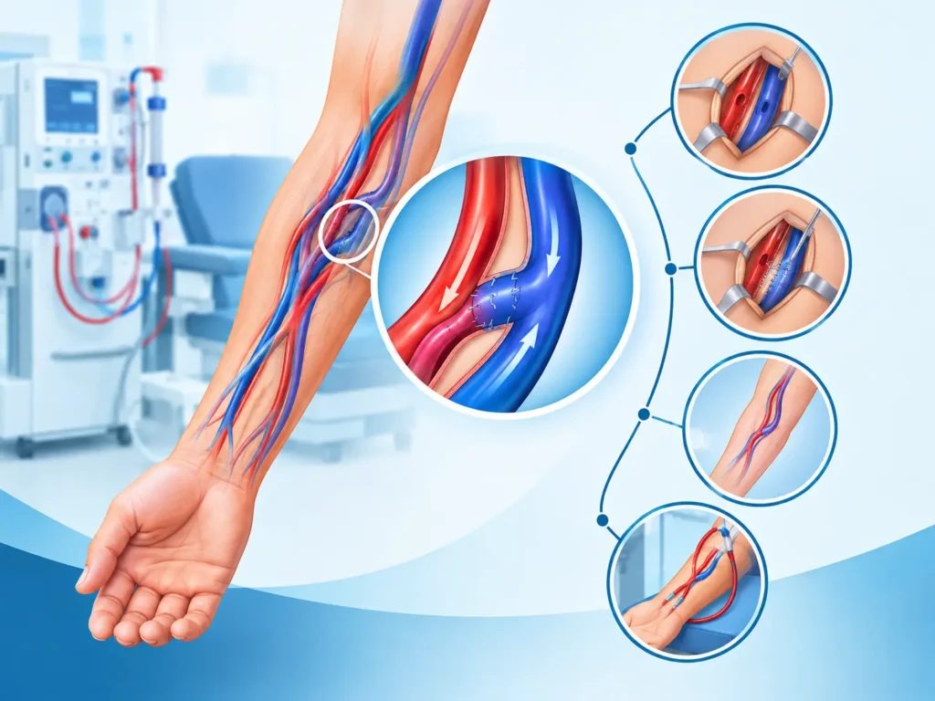 Medical illustration showing how AV fistula surgery connects an artery and vein in the forearm to create vascular access for dialysis.