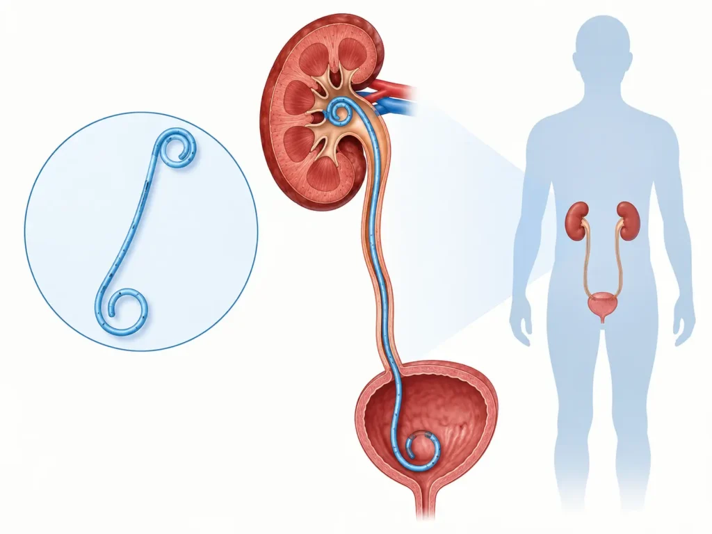 Medical illustration showing a DJ stent placed from the kidney through the ureter into the bladder, with curled ends holding it in position.