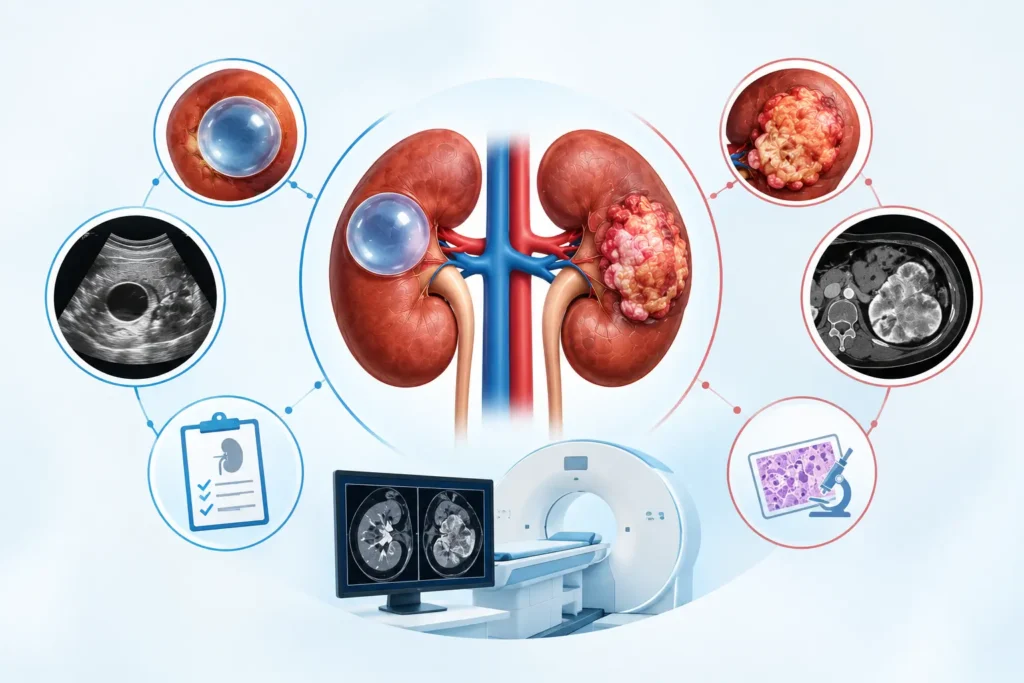 Renal cyst vs kidney cancer shown with kidney imaging and diagnostic scans