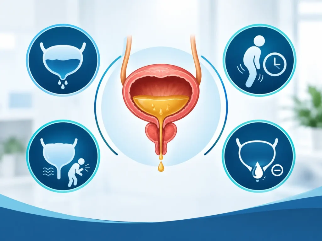 Medical illustration of the male urinary system showing bladder and urinary leakage symptoms associated with different types of urinary incontinence