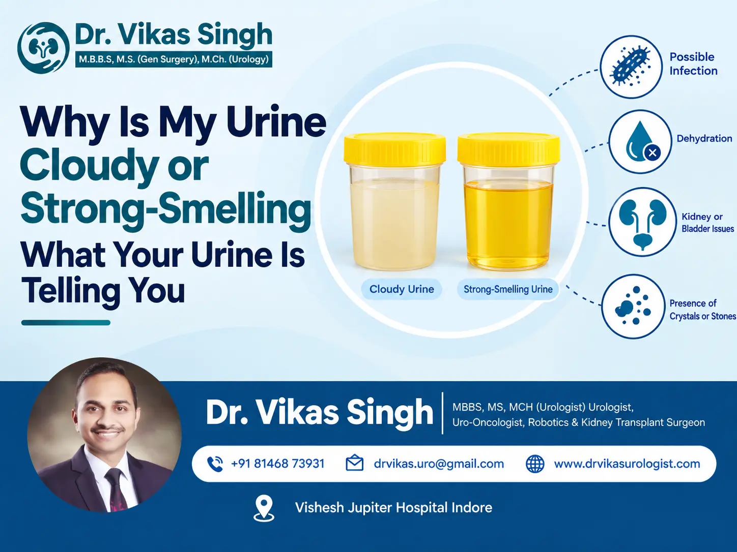 Dr. Vikas Singh explains the causes of cloudy or strong-smelling urine, including dehydration, urinary tract infections, kidney or bladder issues, and urinary crystals or stones.