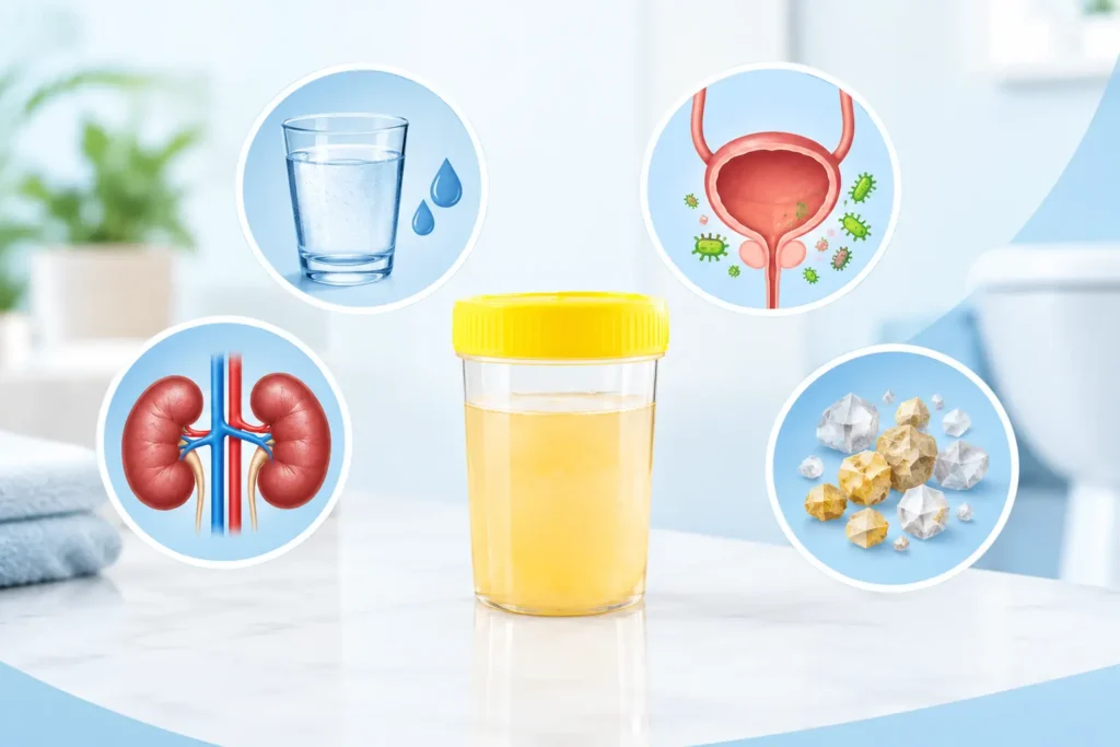 Common causes of cloudy or strong-smelling urine, featuring a urine sample, hydration, bladder health, kidneys, and urinary crystals.