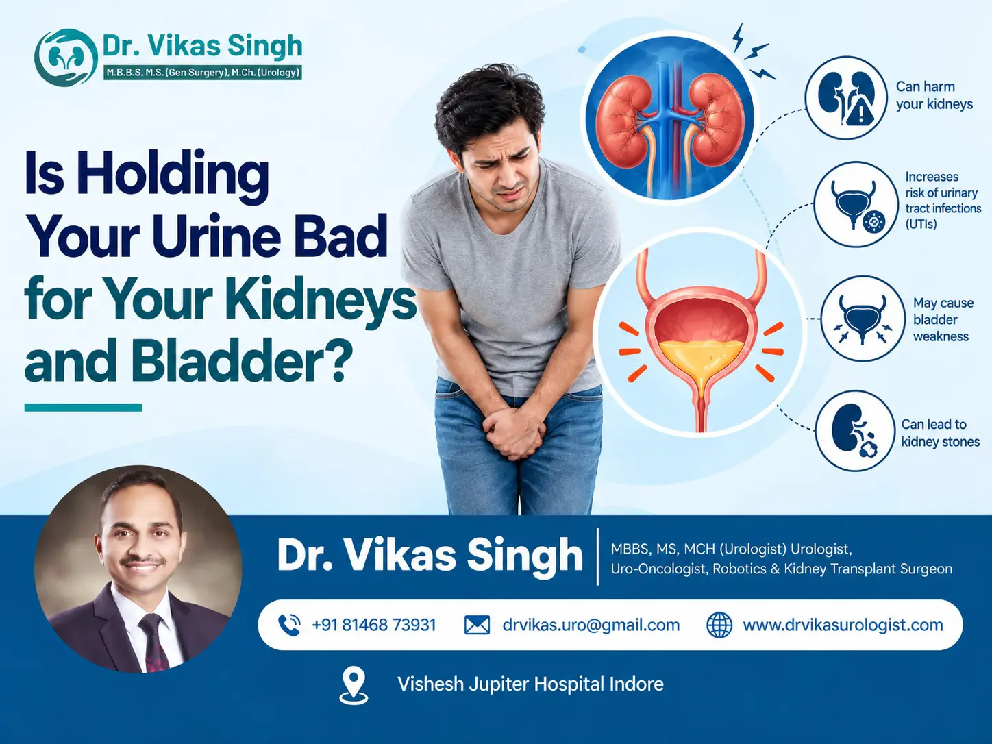 Is Holding Your Urine Bad for Your Kidneys and Bladder? Medical infographic by Dr. Vikas Singh illustrating the effects of holding urine on kidney health, bladder irritation, urinary tract infection risk, and kidney stone formation.