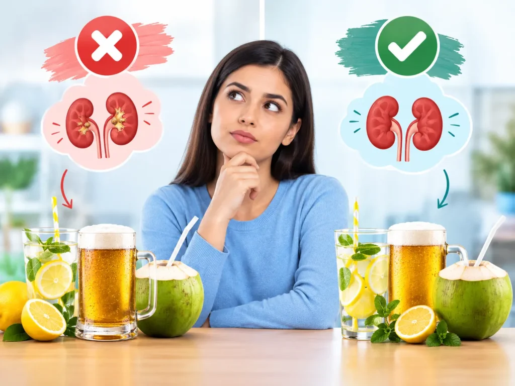 Illustration explaining myths and facts about lemon water, beer, and coconut water for kidney stone prevention and urinary health.