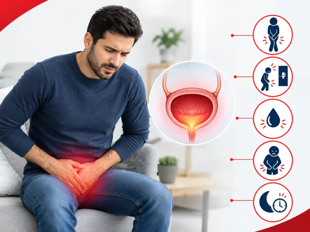 Symptoms of stress-related bladder problems in men, illustrating urinary discomfort and bladder health concerns.